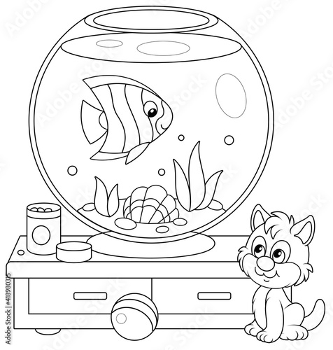 Cute playful kitten watching a funny striped butterfly fish swimming in a home round home aquarium with a sea shell and seaweeds, black and white outline vector cartoon illustration