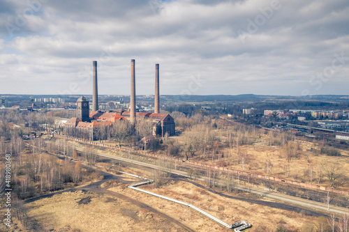 Aerial view of industrial heritage in Bytom Szombierki district. Coal power plant.