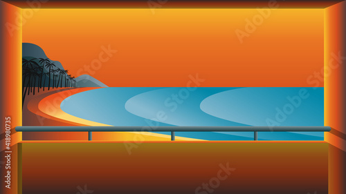 Tropical landscape vector illustration with palm trees, ocean, mountains and beach line against the sunset from the balcony with railings of the resort.