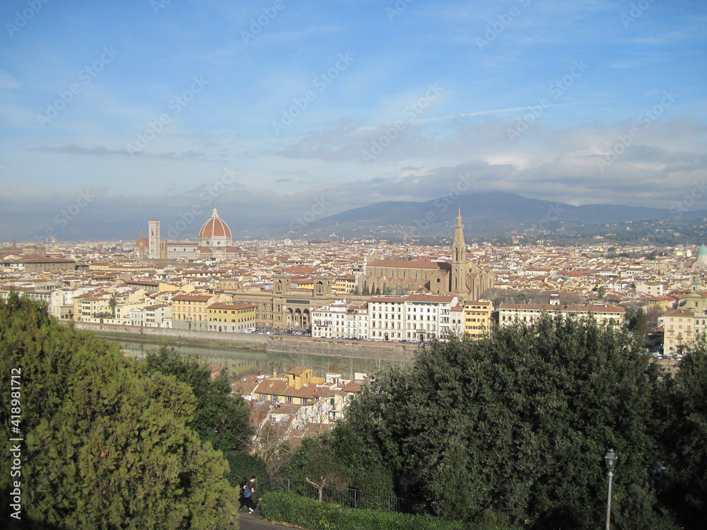 Panoramic Florence cityscape. View of the River Arno in the morning. Scenic landscape with Ponte Vecchio. Travel to European Union. UNESCO World Heritage Site.