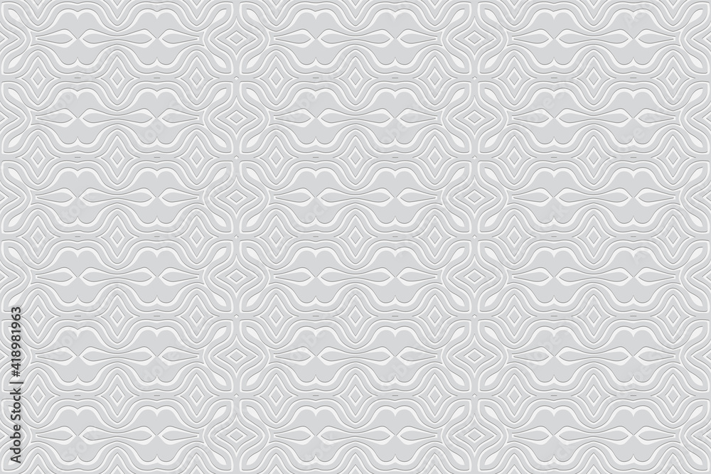 Geometric white wallpaper. A background with a volumetric composition with a 3D effect of a convex shape. Embossed pattern with ethnic abstract elements. Geometric white wallpaper. A background with a volumetric composition with a 3D effect of a convex shape. Embossed pattern with ethnic abstract elements.