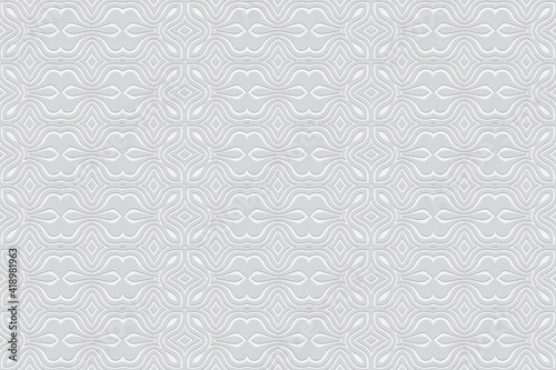 Geometric white wallpaper. A background with a volumetric composition with a 3D effect of a convex shape. Embossed pattern with ethnic abstract elements.