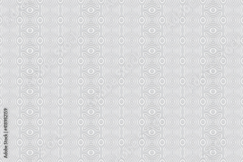 Vertical white wallpaper. A background with a volumetric composition with a 3D effect of a convex shape. Embossed pattern with ethnic geometric elements.