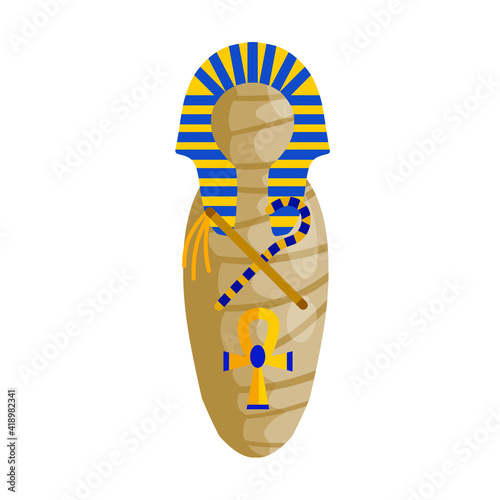 Mummy. Body of Pharaoh. Egyptian king. Golden scepter and symbol of immortality. Flat cartoon illustration. Archaeology and Halloween monster