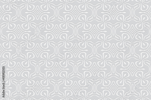 White ethnic wallpaper. Background with volumetric composition with 3D effect of convex shape. Geometric embossed pattern in African, Mexican style.