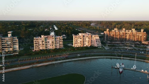 Beautiful Aerial Shot of Luxury Apartment Buildings and Marina, In Nordelta, Buenos Aires, Argentina. photo