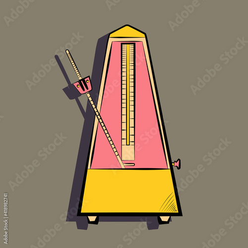 metronome in yellow and pink tones hand drawing outline symbol icon on dark background. Vector