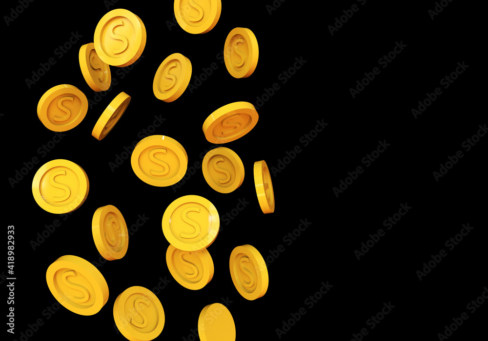Falling from the top a lot of dollar gold coins on black background. Concept of financial investments Trendy 3d illustration. Falling from the top a lot of dollar gold coins on black background. Concept of financial investments Trendy 3d illustration.