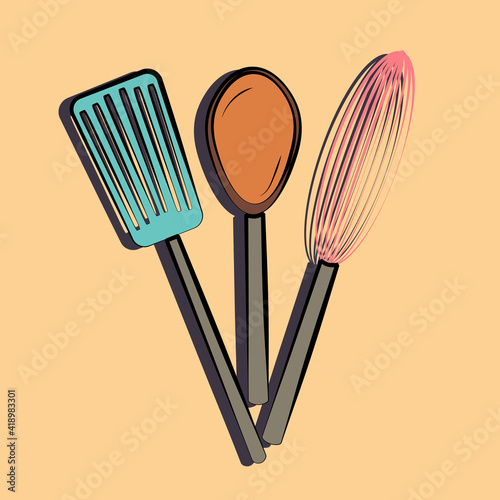 set of kitchen utensils hand drawing symbol outline icon on light background. Vector