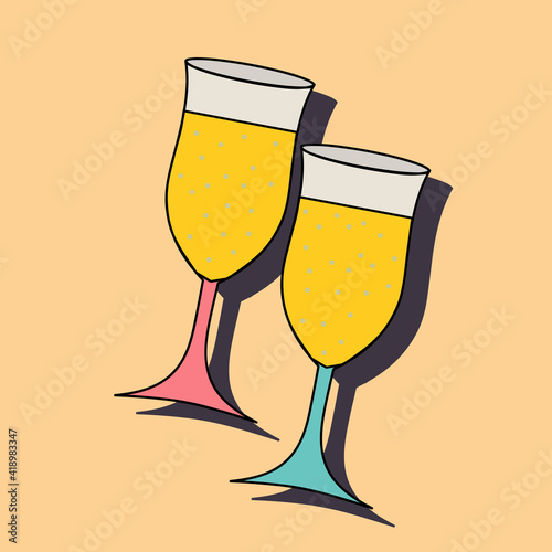 two champagne glasses hand drawing symbol outline icon on light background. Vector