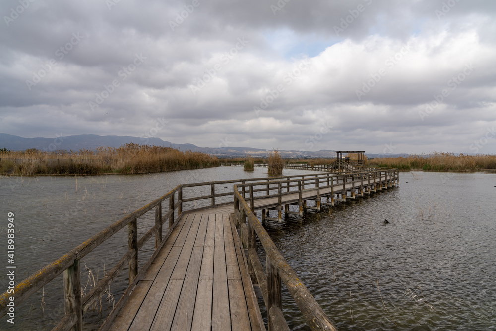 long wooden pier and boardwalk in brackish water wetlands with esparto grass and lagoon under an overcast sky