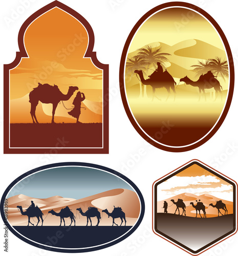 Leinwand Poster Bedouin with camel in a desert landscape vector silhouette labels collection