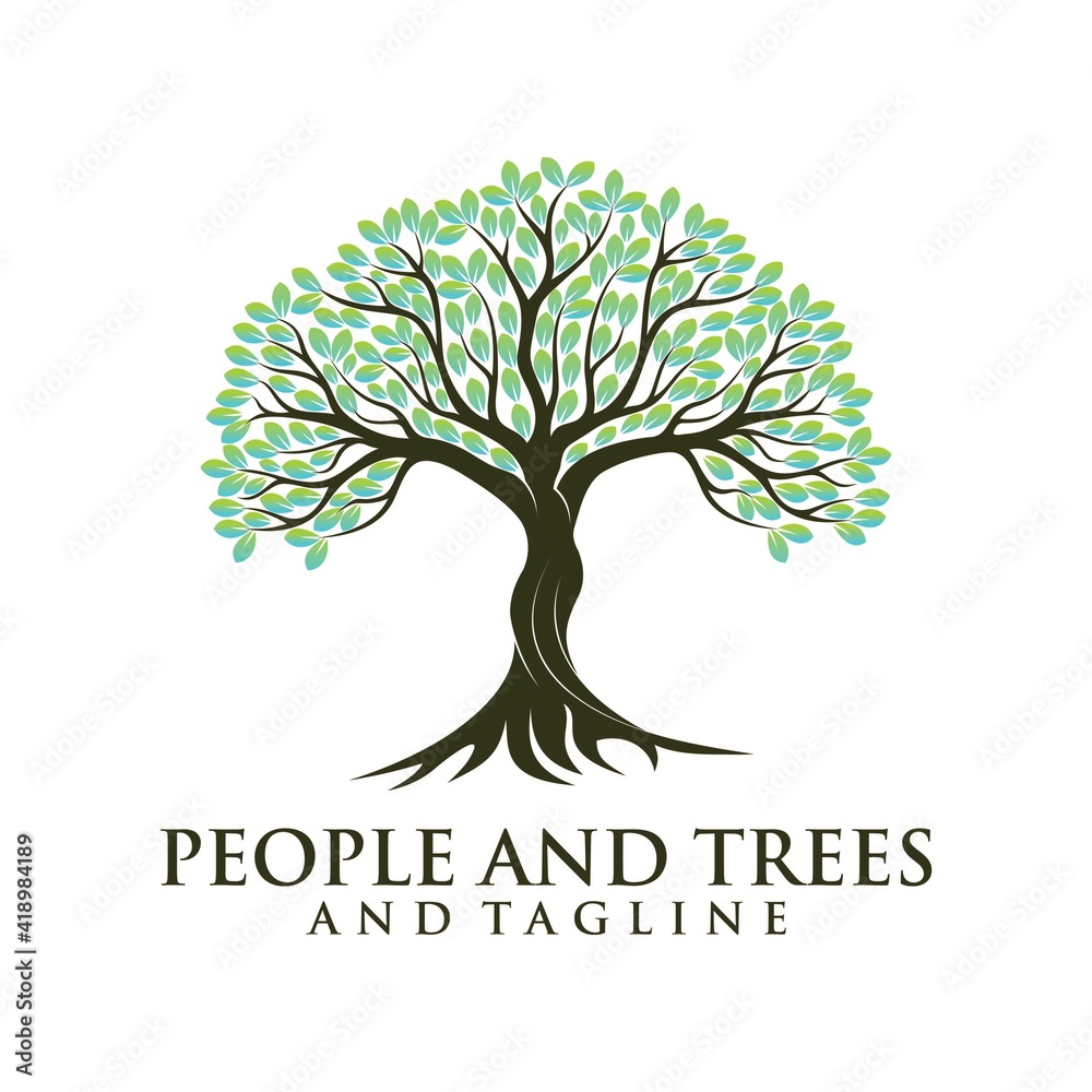 Obraz premium green spring tree with female face and roots on white background, vector, Abstract Human tree logo. Unique Tree Vector illustration with circle and abstract woman shape.