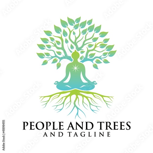 Tree yoga logo. Silhouette of a person in meditation in a round frame. The image of nature, the tree of life. Design of the emblem of the trunk, leaves, crown and roots of the tree, Yoga logo vector.