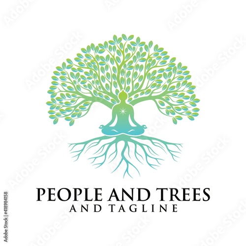 Tree yoga logo. Silhouette of a person in meditation in a round frame. The image of nature, the tree of life. Design of the emblem of the trunk, leaves, crown and roots of the tree, Yoga logo vector.