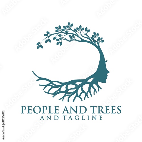 green spring tree with female face and roots on white background, vector, Abstract Human tree logo. Unique Tree Vector illustration with circle and abstract woman shape.