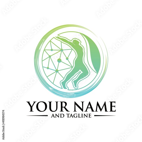 Wellness logo vector design. Healthcare template concept. Abstract woman sign with leaf. Nature organic product. Fitness sport icon. Design element.