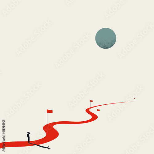 Business project milestones vector concept. Man standing at the start of the road, path. Symbol of planning, strategy.