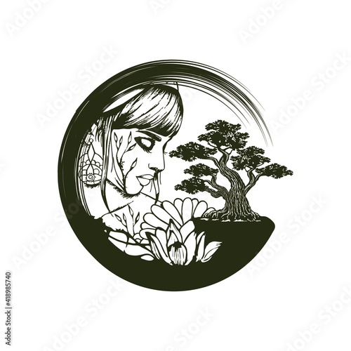 Japanese bonsai tree logo, plant silhouette icons on white background, green ecology silhouette of bonsai and sunset. Detailed image. Bio nature concept. Vector isolated, Natural Bonsai tree logo.