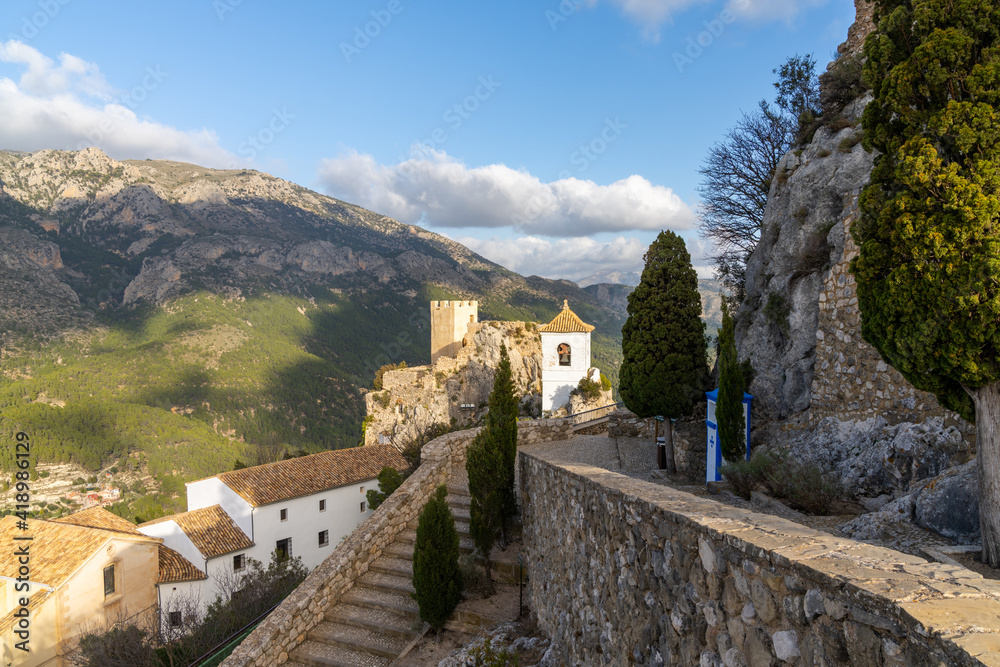 castle and church in the historic old village center of El Castell de Guadalest in Spain
