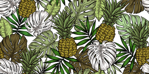 Keuken achterwand Jungle Ananas en monsterabladen tropisch groen patroon  © Anna