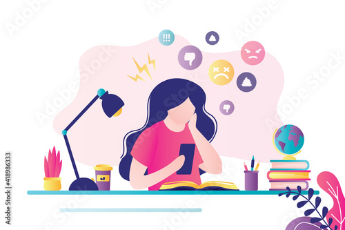 Female character sitting with mobile phone at workplace. Bullying and humiliation on social media