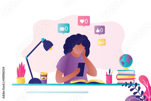 Woman gets negative messages on social networks. African american girl sits with mobile phone