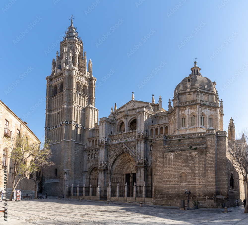 view of the historic cathedral in the old city center of Toledo