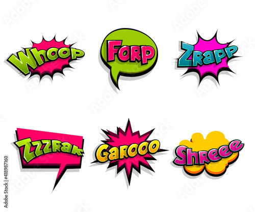 Lettering Woop, forp, wow, zap, garo, noise. Comic text logo sound effects. Vector bubble icon speech phrase, cartoon font label, sounds illustration. Comics book funny text.