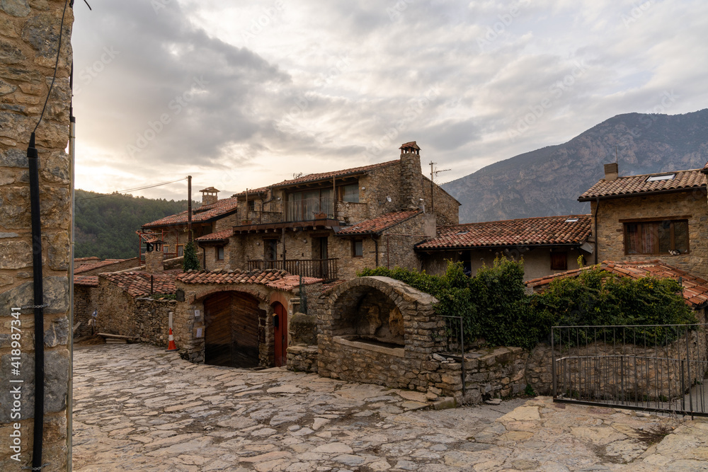 massive stone houses in the mountain village of Arseguel in th Pyrenees of Catalonia massive stone houses in the mountain village of Arseguel in th Pyrenees of Catalonia