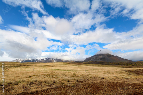 Panoramic view of mountainous Hellnar, Snaefellsnes National Park