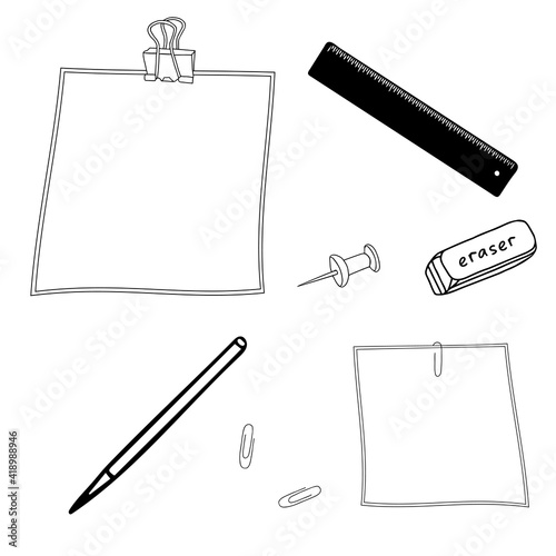 Hand drawn black vector illustration of stationery tools Clips, piece of paper, scissors, pins, eraser isolated on a white background