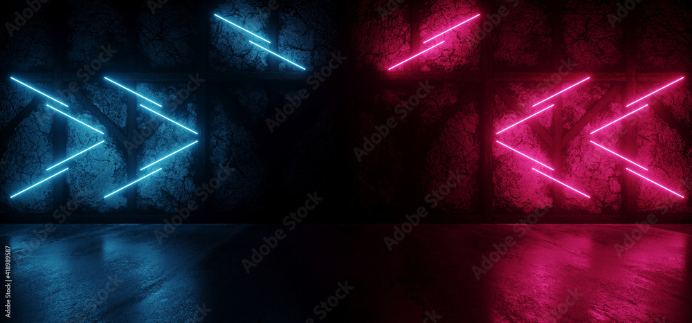 Sci Fi Neon Stage Podium Electric Laser Arrow Pointers Glowing Cyber Purple  Blue Red Light On Rough Grunge Wood Stone Concrete Cement Glossy Floor Dark  Hangar Tunnel Corridor 3D Rendering Stock Illustration