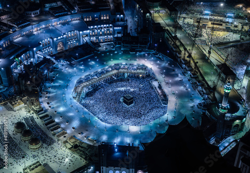 The Hajj annual Islamic pilgrimage to Mecca, Saudi Arabia, the holiest city for Muslims. Aerial view.