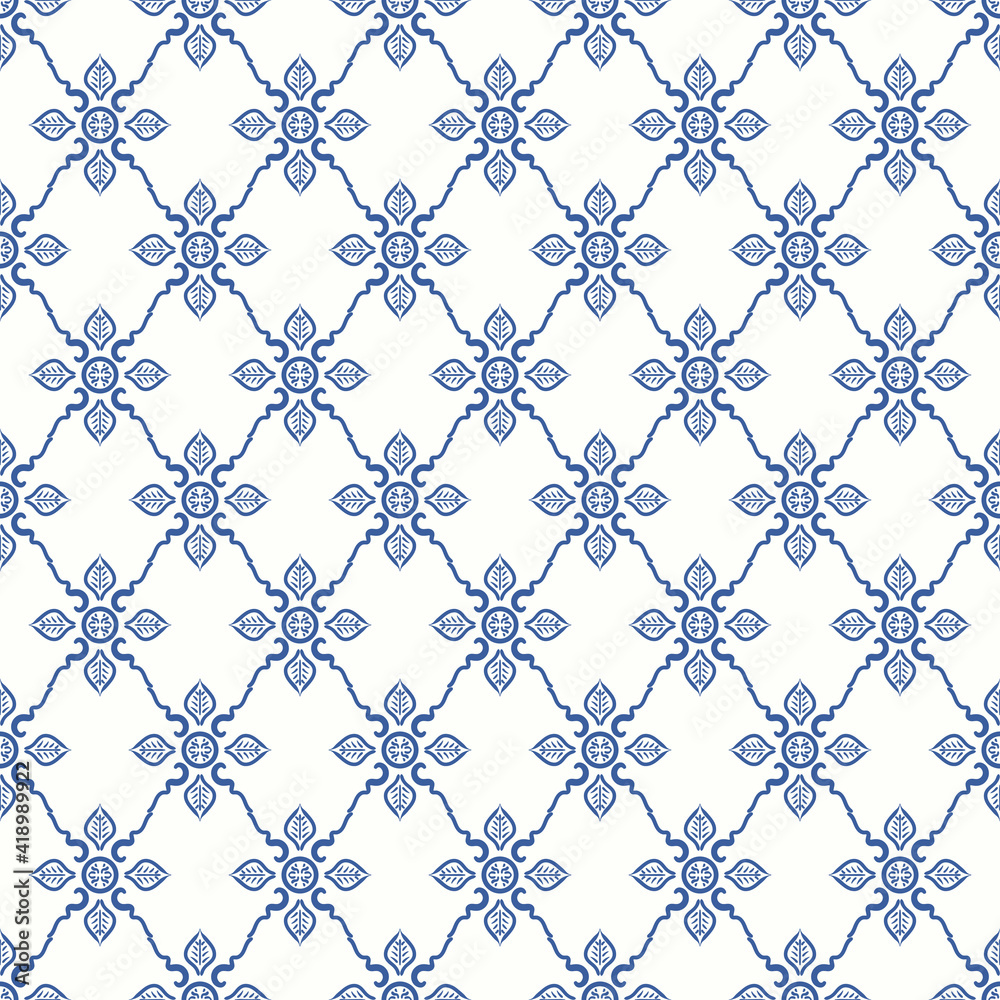 vector blue ethnic leaves and freeform lines seamless pattern on white