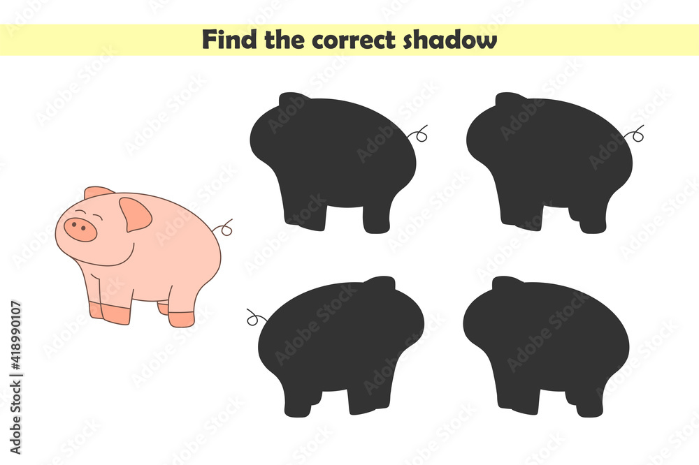 Find correct shadows of cute pig. Educational logical game for kids isolated on white background. Vector illustration
