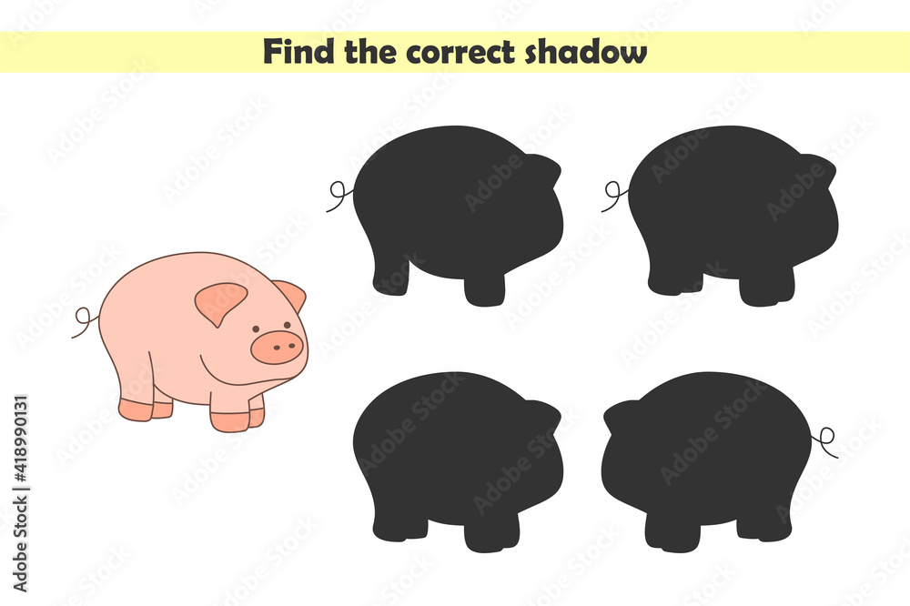 Find correct shadows of cute pig. Educational logical game for kids isolated on white background. Vector illustration Find correct shadows of cute pig. Educational logical game for kids isolated on white background. Vector illustration