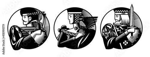Round shapes with faces of playing cards characters in vintage engraving style