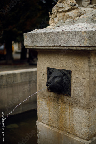 city ​​fountain in the shape of a lion's head made of black metal and stone in the old town