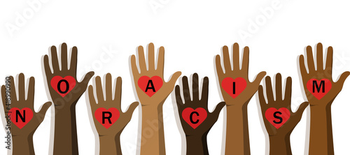 No to racism .Black lives matter concept. Template for background, banner, poster . Stop to discrimination. Hands of different races. International Day for the Elimination of Racial Discrimination