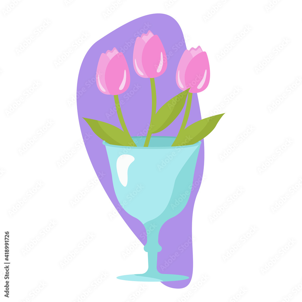 Pink tulips in a vase in a glass. Vector illustration for design, printing on paper or fabric. Isolated.