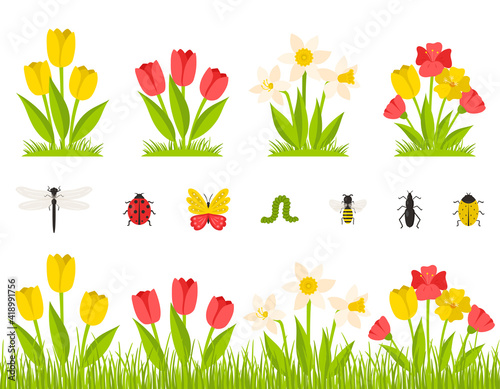 Garden spring flowers. A bush of tulips, daffodils, poppies. Flowers in the grass, meadow. Collection of insects. Botanical design elements in a cartoon flat style, isolated on a white background