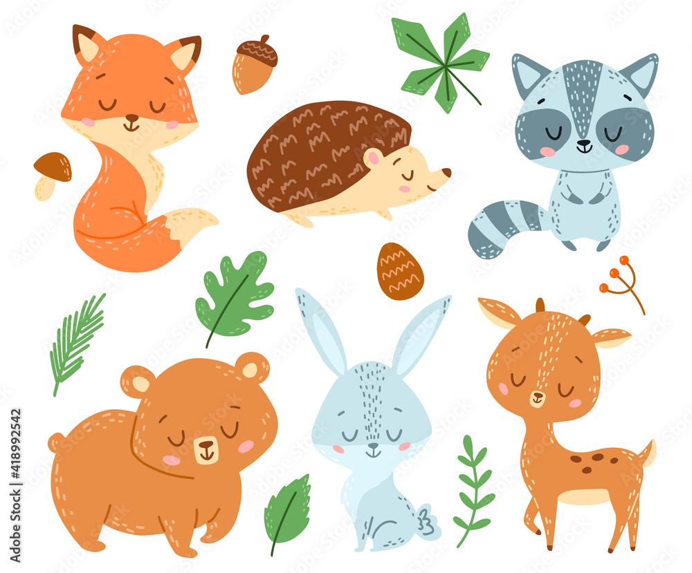 Fototapeta premium Doodle Style Flat Vector Cartoon Forest Animals Set