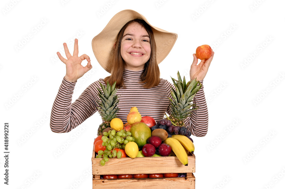 happy girl with apple and ok hand sign happy girl with apple and ok hand sign