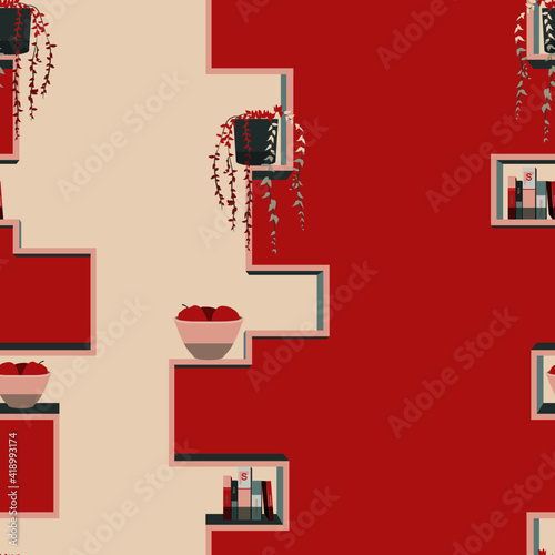 Seamless pattern interior shelf with flowers