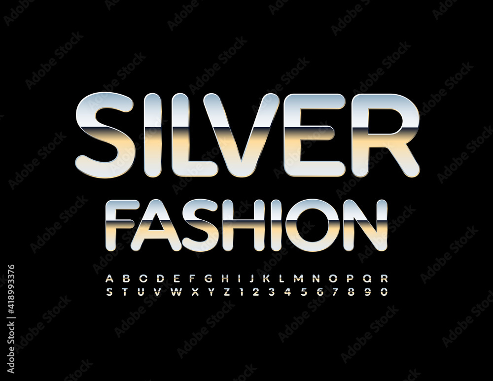 Vector glamour emblem Silver Fashion. Silver chic Font. Elegant Alphabet Letters and Numbers set