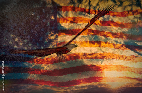 Eagle at sunset background with american flag - 3D rendering