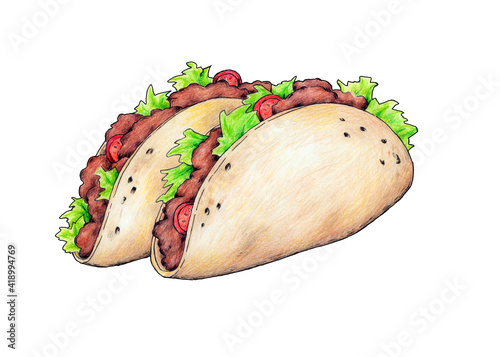 Tacos mejicanos ilustrados a mano con fondo de color blanco. photo