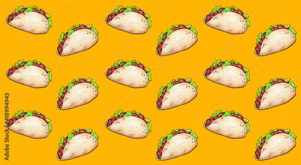 Tacos mejicanos ilustrados a mano con fondo de color amarillo ámbar. Fondo  trama ilustración de Stock | Adobe Stock