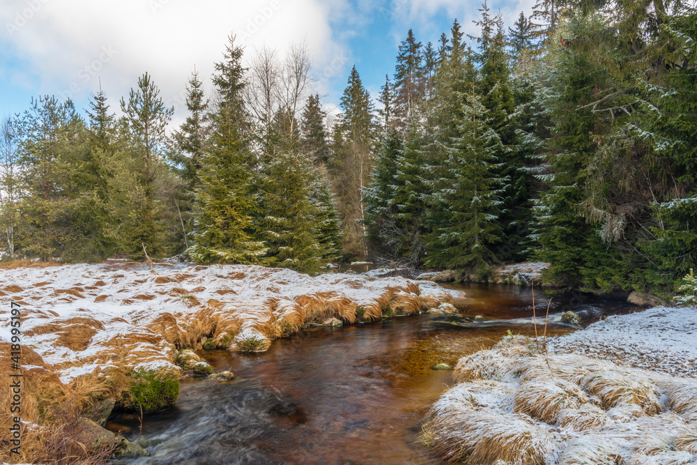 Svetla creek in winter snowy cold morning with sunshine light Svetla creek in winter snowy cold morning with sunshine light